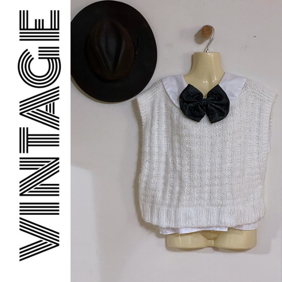 Hand Crafted Sweaters - Vintage HANDCRAFTED Knit Boxy Sweater Vest, Creamy White